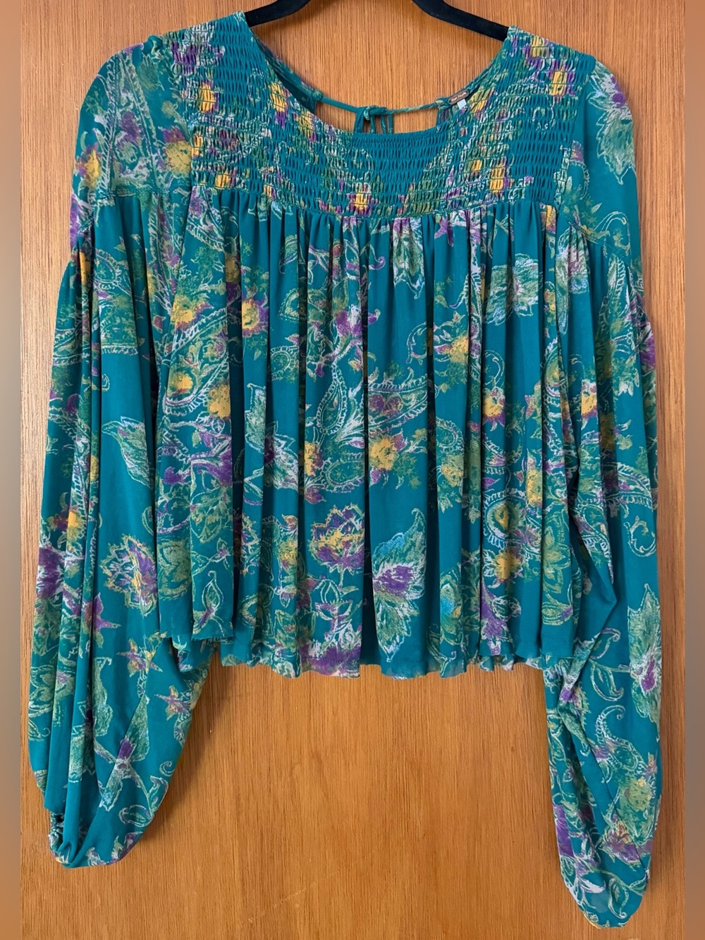 Free People Teal Floral Smocked Yoke Blouse